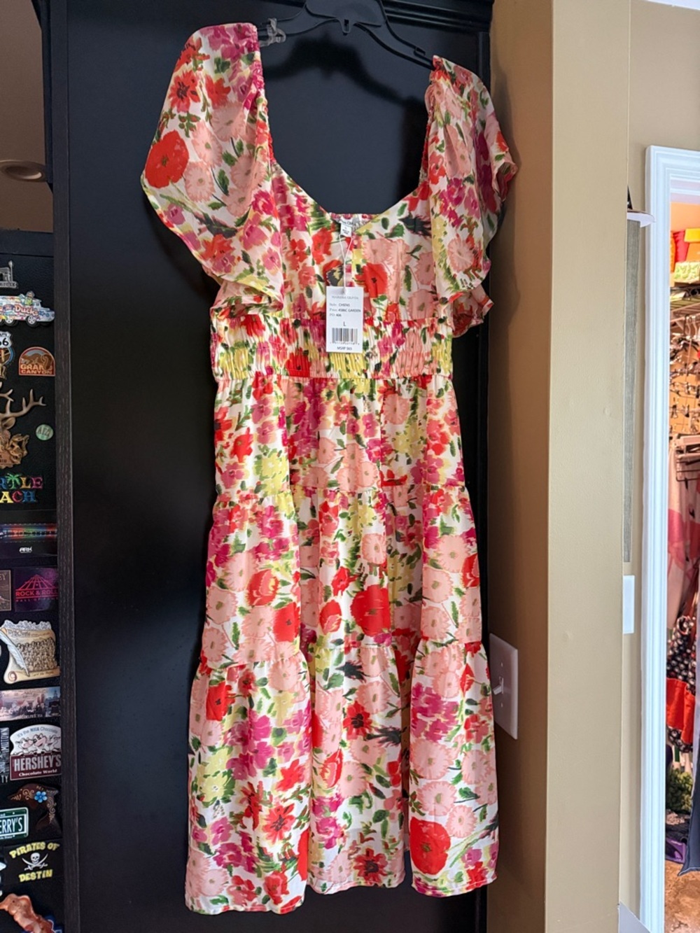 Floral Puff-sheer Sleeve Midi Dress in Pink and Red L